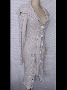 Button Front Long Cardigan Sweater Off-White Knit | Size Small